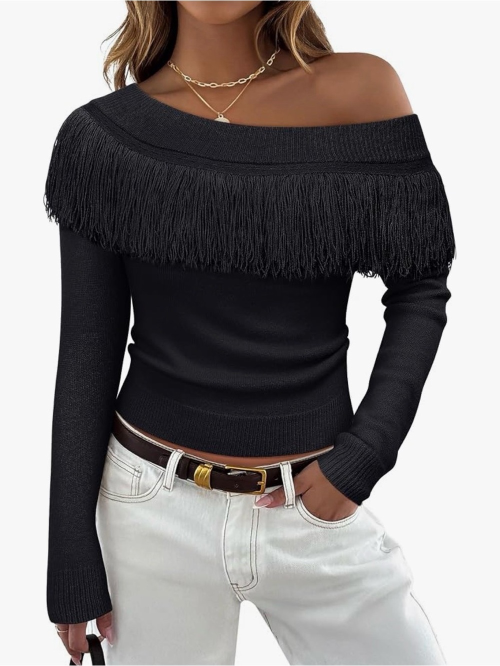 Off-Shoulder Black Fringe Women’s Sweater